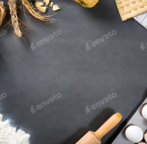 Preview: Top view of a rolling pin on the table with flour, eggs, and other ingredients in the kitchen
