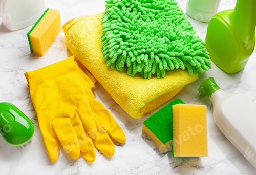 Preview: cleaning products household chemicals spray brush sponge glove