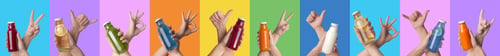 Preview: Set of hands showing bottles with colorful drinks and gesturing