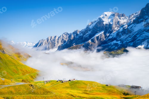 Preview: Nature. Mountains and clouds in the valley. Natural landscape high in the mountains