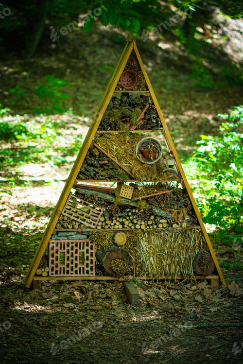 Preview: Rustic insect house in a peaceful, lush green forest, providing shelter for insects