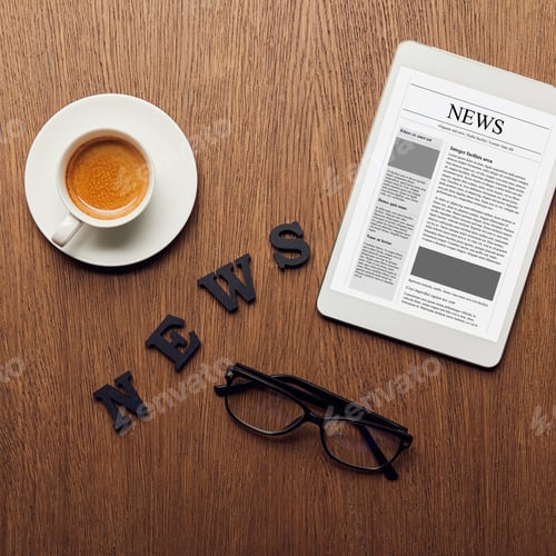 Preview: top view of digital tablet near news lettering, glasses and cup of coffee