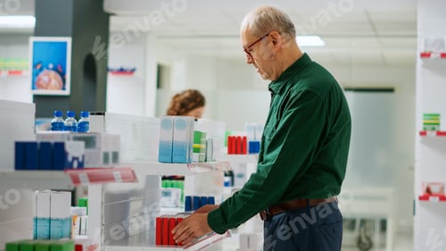 Preview: Senior client looking at medicaments boxes in pharmacy