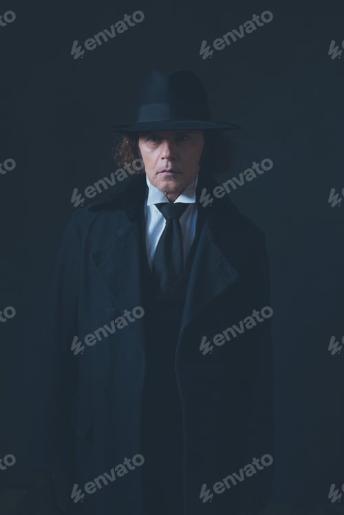 Preview: Mysterious Victorian Man In Black Coat And Hat.