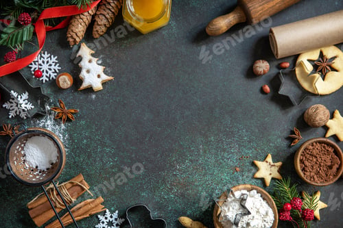 Preview: Food background. Baking ingredients homemade sweet Christmas cookies on a dark green background.