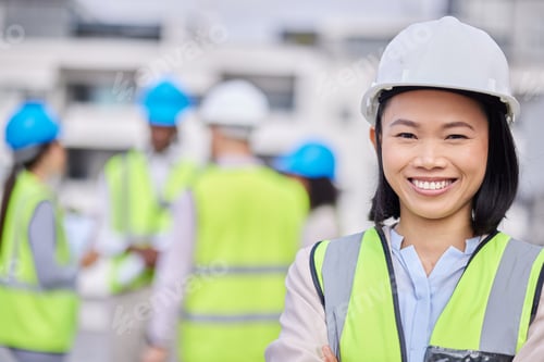 Preview: Engineering, leadership and portrait of a woman construction worker on an outdoor site. Confidence,