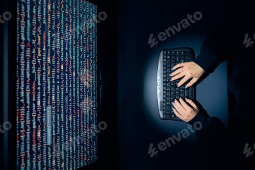 Preview: Cyber security threat. Young woman using computer and coding. Internet and network security