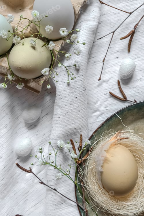 Preview: Happy Easter.Greeting banner postcard with decorative eggs in a basket of pastel colors Handmade.Eas