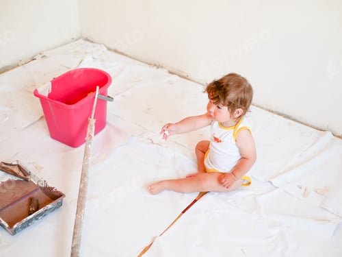 Preview: Repair And Baby. Boy With Instruments For Renovation Apartment Isolated On A White Background