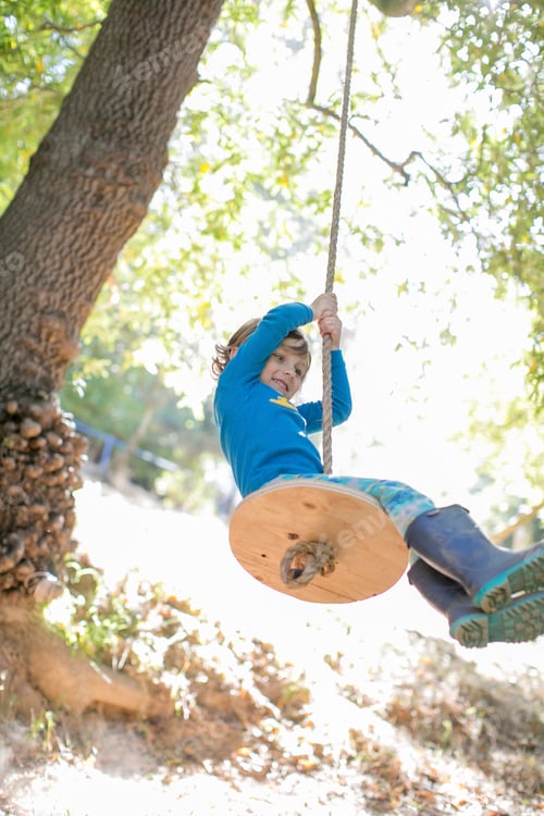 Preview: Young child swinging happily on a rope swing under a large tree