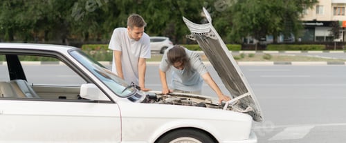 Preview: a Car Troubles: Two Men Inspecting Engine Under Hood on Highway