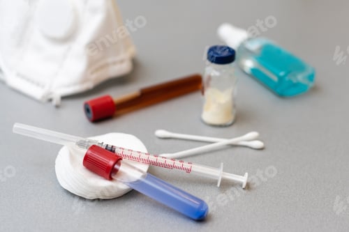 Preview: Syringes, medicine bottles on a gray background.