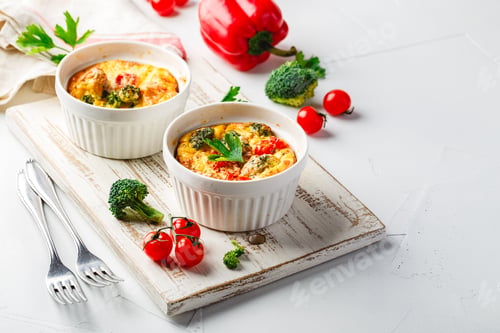 Preview: Vegetable frittata with broccoli, red bell pepper and red onion in cast iron skillet.