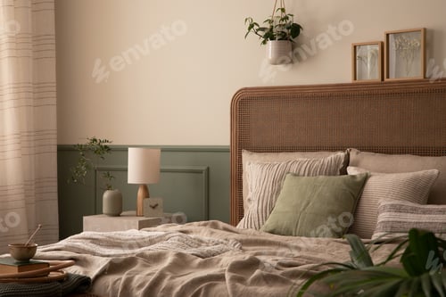 Preview: Interior design of bedroom interior with mock up poster frame, cozy bed, beige bedding, plants