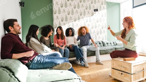 Preview: Young woman having conversation with diverse friends in living room at home