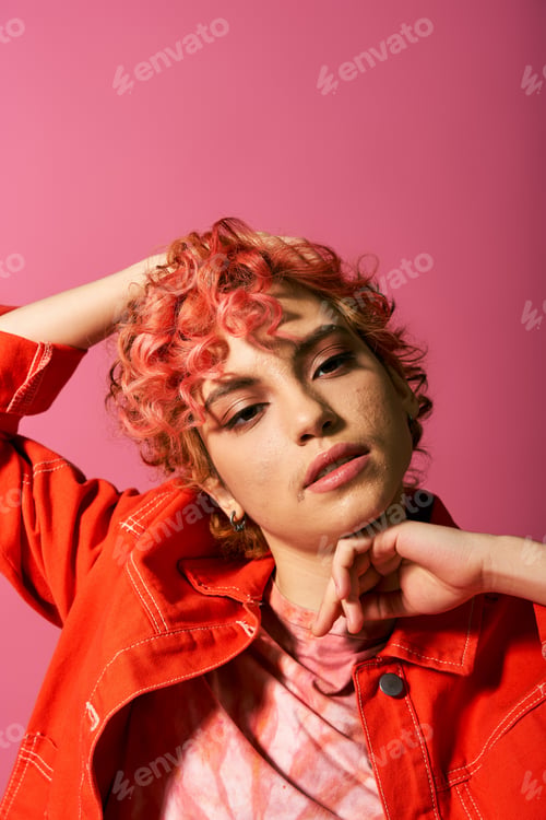 Preview: Vibrant Woman: Pink Hair, Red Jacket