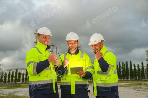 Preview: Refinery industry engineer are working and discussing at front oil and gas industrial factory,