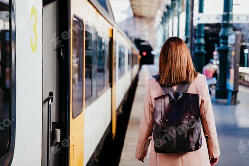 Preview: happy young woman walking at train station. Travel concept
