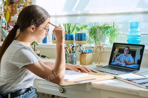 Preview: Online drawing lesson, teenage girl having video conference with teacher