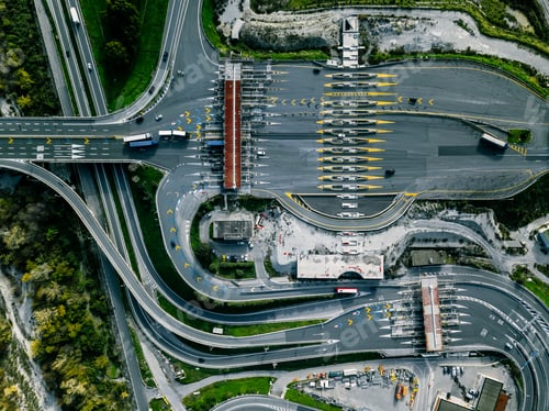 Preview: Aerial view gate for expressway fee payment in the city, toll collection point on the motorway