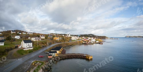 Preview: Aerial view of a small town on a rocky Atlantic Ocean Coast. Newfoundland, Canada