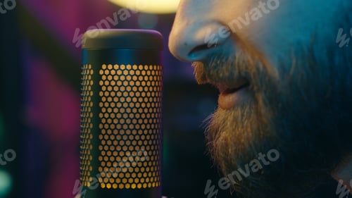 Preview: Unrecognizable smiling Caucasian man close up gamer influencer streamer cyber sport talking