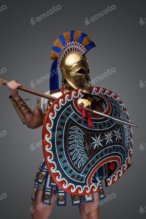 Preview: Military man from past holding rounded shield and spear