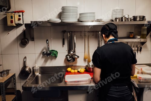 Preview: Chef preparing ingredients in restaurant kitchen with lemons