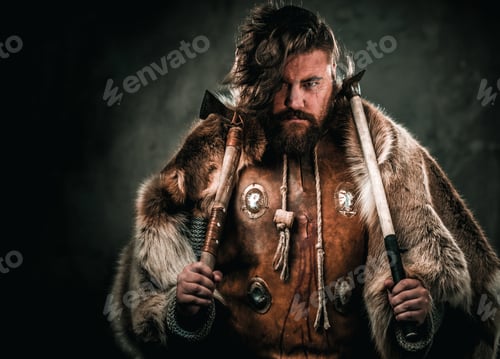 Preview: Viking with cold weapon in a traditional warrior clothes