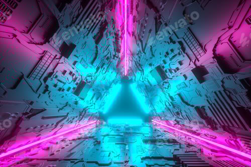 Preview: 3D Illustration. Futuristic sci-fi tunnel corridor with neon lights. Futuristic and Sci-Fi concept.