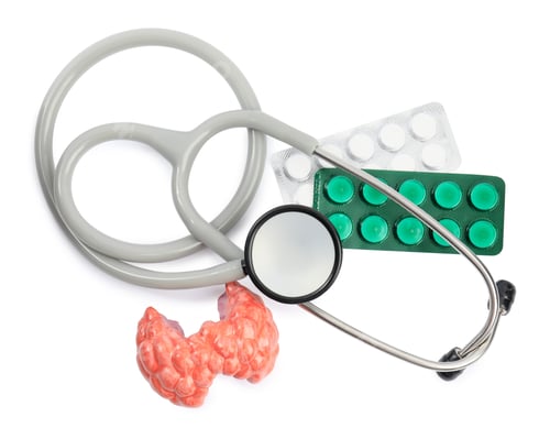 Preview: Plastic model of afflicted thyroid, pills and stethoscope on white background, top view