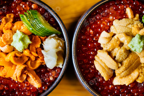 Preview: High angle close up of uni, sea urchin, with salmon roe and rice.