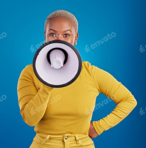 Preview: Megaphone, protest and speaker with black woman in studio for change, democracy and opinion. Vote,