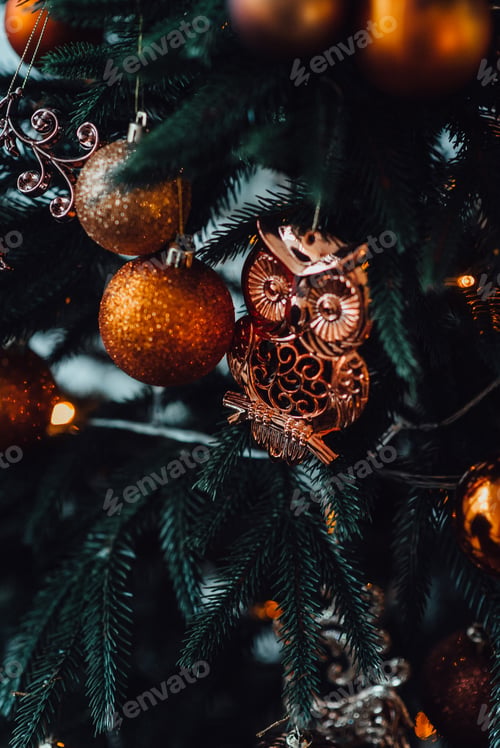 Preview: new year festive decorations in warm colors, christmas