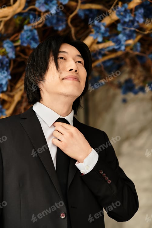 Preview: Handsome groom adjusting tie before wedding ceremony surrounded by beautiful flowers