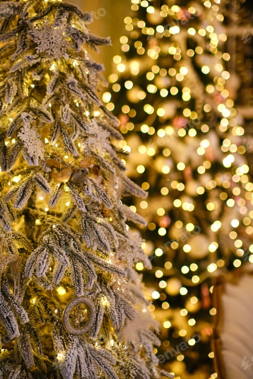 Preview: Beautiful Christmas lights on blurry fir tree.