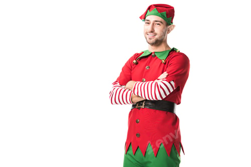 Preview: man in christmas elf costume with arms crossed looking at camera isolated on white