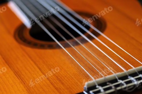Preview: close-up natural wood acoustic guitar
