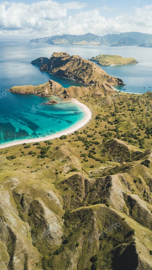 Preview: Aerial vertical view of Padar island in Komodo National Park, Indonesia. Drone shot, top view.