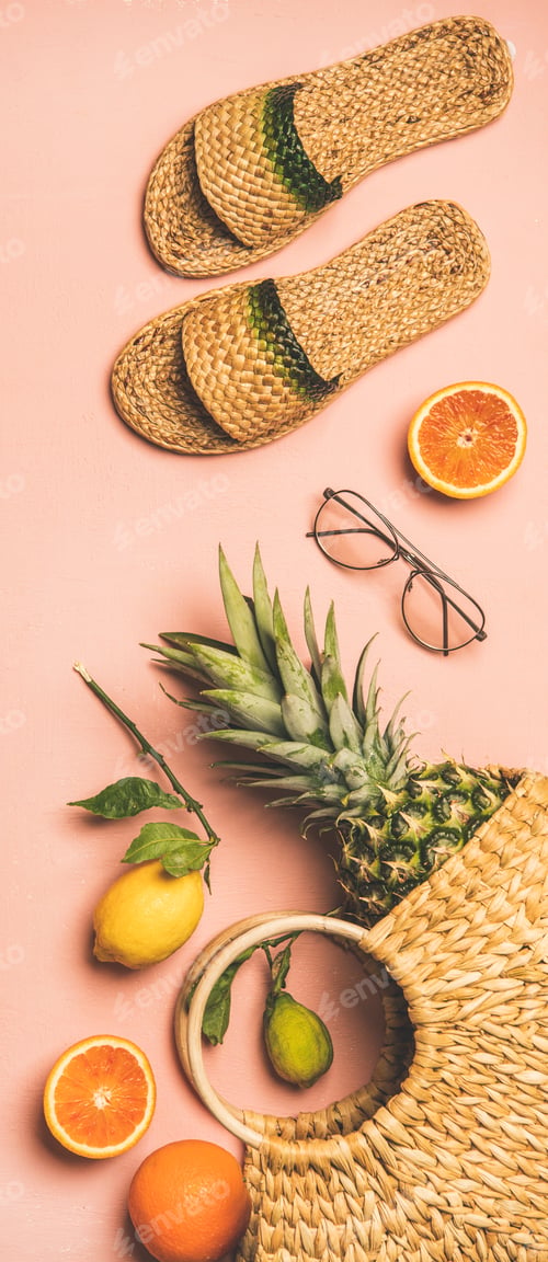 Preview: Bright Fruits and Accessories Arranged on Pink Backdrop