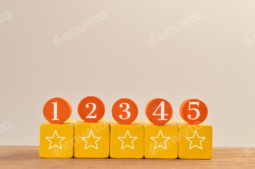 Preview: Wooden blocks with five stars rating icons. Excellent business services rating customer satisfaction