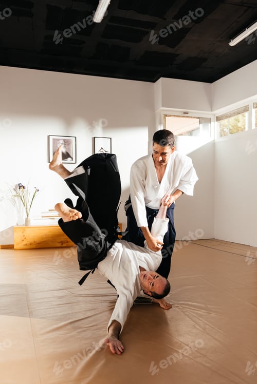 Preview: Aikido Practitioner Demonstrates Technique in Dojo During Training Session