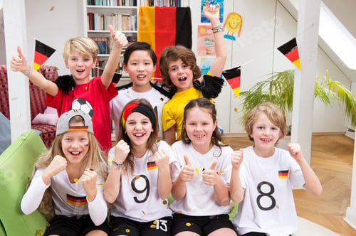 Preview: Group of kids watching soccer world championship, cheering