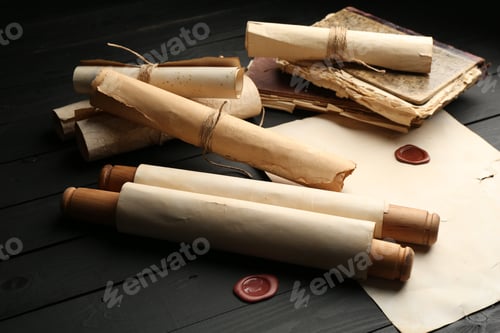 Preview: Many old rolled scrolls on black wooden table, closeup