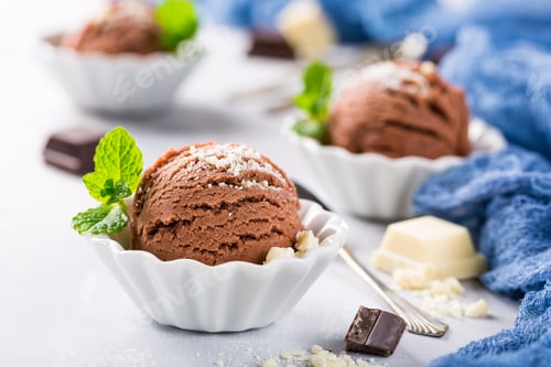 Preview: Chocolate ice cream in white bowl.