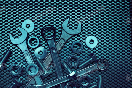 Preview: Set of chrome wrenches on steel surface. Mechanic tools for maintenance. Hardware tools to fix