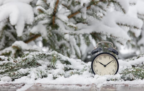 Preview: vintage alarm clock on wooden table in blizzard