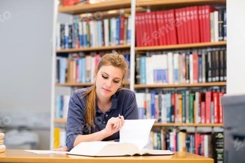 Preview: Young female student reading textbook at library desk
