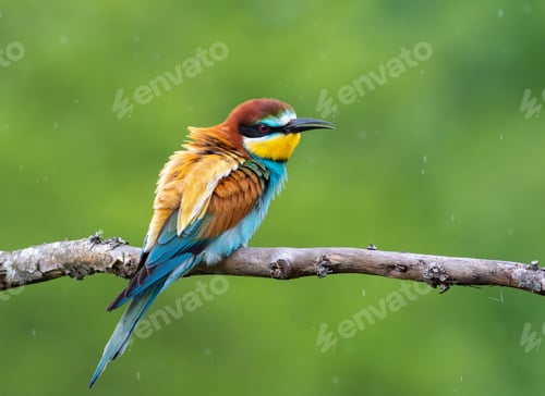 Preview: European bee-eater, merops apiaster. On a rainy morning, a bird ruffled its feathers