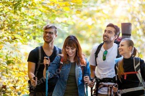Preview: Authentic group of friends on tourist trip walking with backpacks and trekking sticks